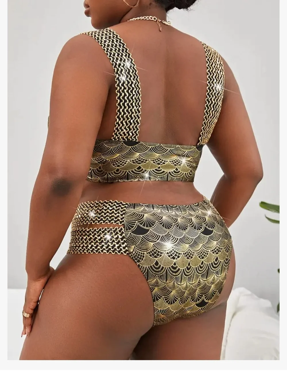 4XL Women’s Metallic Black & Gold High-Waist Bikini Set
